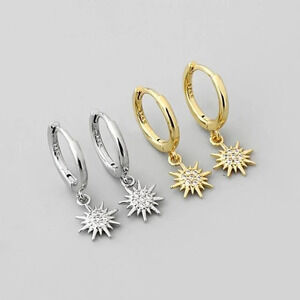 925 Sterling Silver Heart Sun Hoop Huggie Earrings (Silver or Gold)